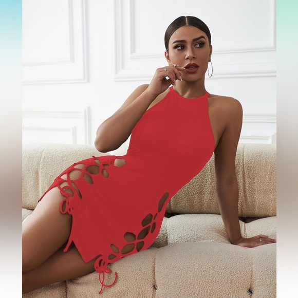 SHEIN SXY Lace Up Front Halter Neck Bodycon Dress 💕 - Picture 3 of 7